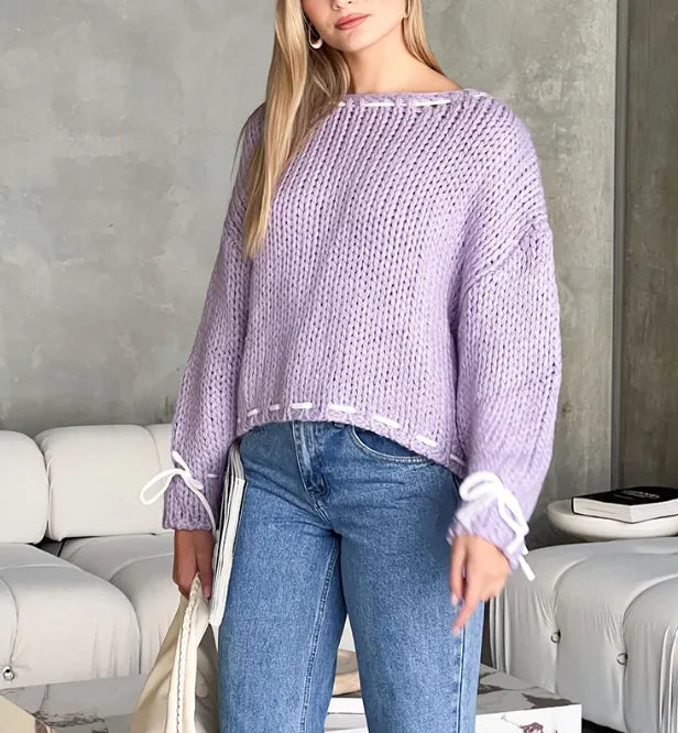 Bowknot Pullover Sweater – Fashion Y2K Long Sleeve Loose Knitted Top